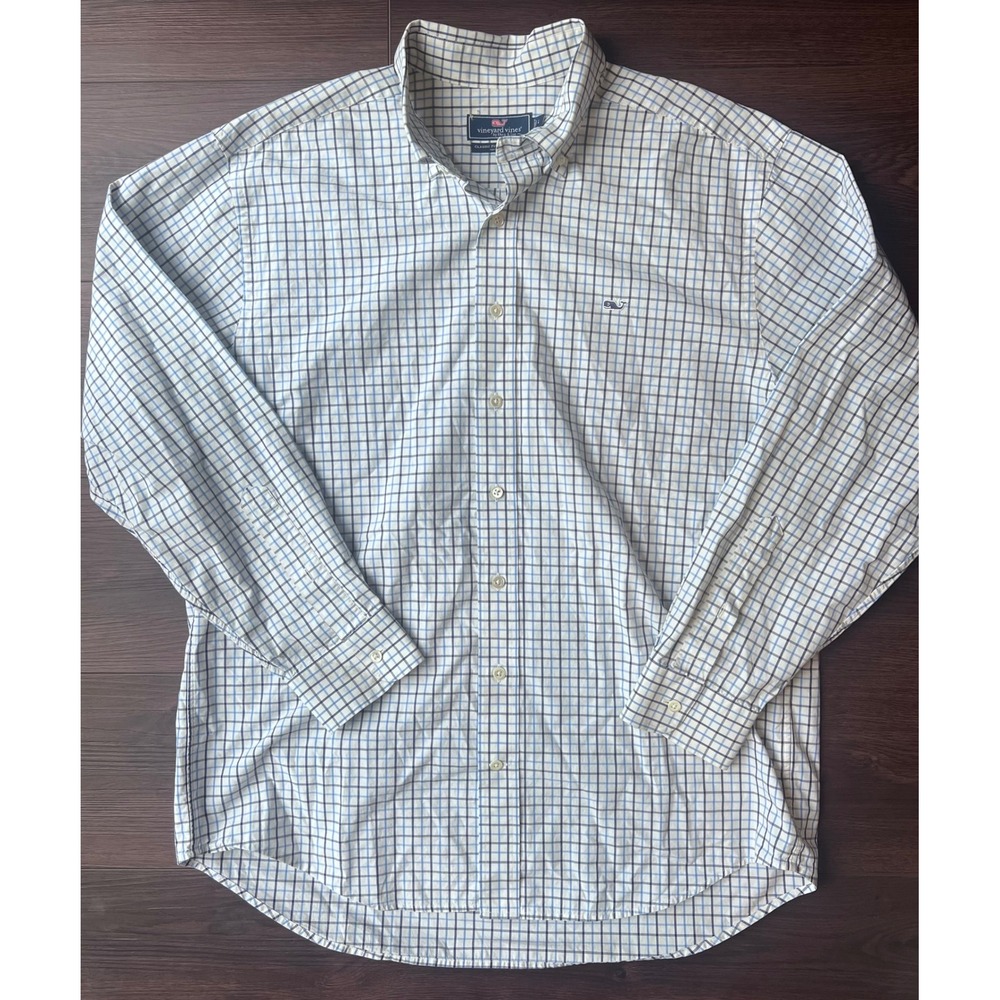 Vineyard Vines Mens Large Classic Fit Whale Shirt Blue White Tattersall Check L